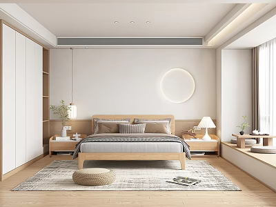 Modern Bedroom Interior Design With Wooden Bed Nightstands Round Decor And Area Rug 3d model