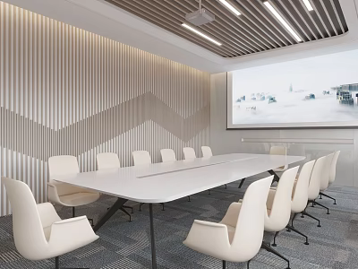 Modern Conference Room Interior Design With Long Table White Chairs Projector Screen And Striped Wall 3d model