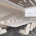 Modern Conference Room Interior Design With Long Table White Chairs Projector Screen And Striped Wall