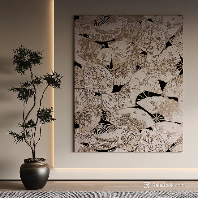 Abstract Painting With Fan Patterns And Potted Plant 3d model