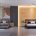 Modern Style Bedroom Showroom With Elegant Beds And Lighting Fixtures