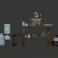 Wooden Workbench With Red Liquid Container Transparent Containers Blue Buckets Metal Tools And Clay Pot
