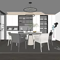 Modern Restaurant Interior With Open Layout Pendant Lights Dining Table And Wine Cabinets 3d model