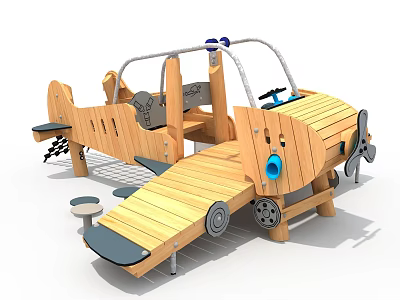 Wooden Airplane Shaped Kids Play Equipment With Cockpit Propeller Slide And Steps 3d model