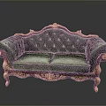 Ornate Green Velvet Sofa With Golden Carved Accents And Wooden Legs