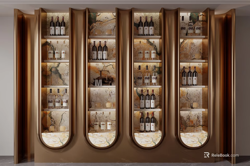 Elegant Modern Luxury Wine Cabinet With Glass Shelves Gold Frame Marble Accents And Wine Bottles 3d model 