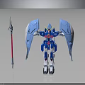 Blue And White Robot Character With Mechanical Wings And Red Spear Weapon