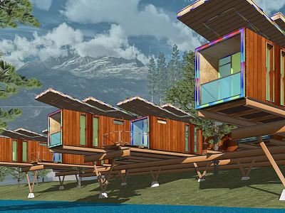 Modern Wooden Detached Villa Elevated on Pillars with Mountain View Green Lawn and Trees 3d model