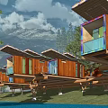 Modern Wooden Detached Villa Elevated on Pillars with Mountain View Green Lawn and Trees