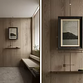 Interior Space With Wooden Walls Framed Art And Shelves