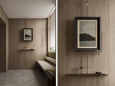 Interior Space With Wooden Walls Framed Art And Shelves 3d model