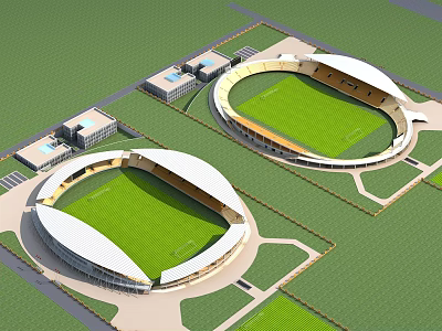 Two Large Stadiums With White Roofs Green Turf And Surrounding Facilities 3d model