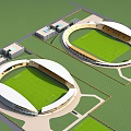 Two Large Stadiums With White Roofs Green Turf And Surrounding Facilities
