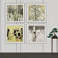 Four Birch Tree Paintings Wall Decor With Small Plant On Side Table 3d model