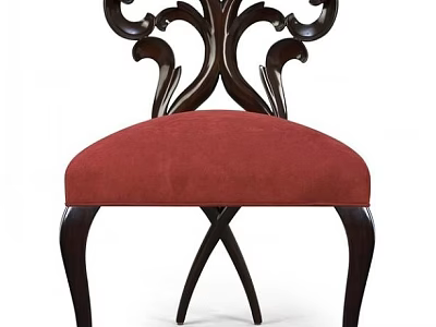 Classic Carved Wooden Single Chair With Red Upholstered Seat And Crossed Legs 3d model