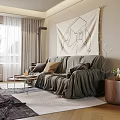 Modern Cozy Living Dining Room Interior With Sofa Fireplace Tapestry Coffee Table And Rug