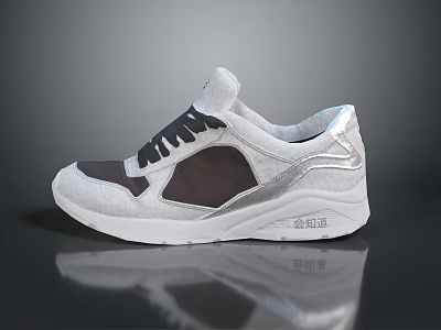 Stylish Gray And White Sneakers With Black Laces And Silver Side Accents 3d model