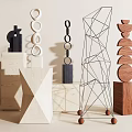 Modern Geometric Decorative Ornament Collection With Wooden Bases Metal Frames Rings And Stacked Shapes