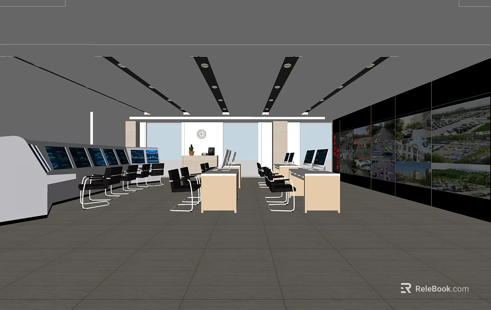 Modern Monitoring Room With Multiple Monitor Screens Control Desks And Office Chairs 3d model 