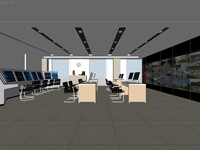 Modern Monitoring Room With Multiple Monitor Screens Control Desks And Office Chairs 3d model