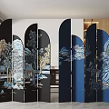 Chinese Folding Screen With Blue Black Mountain Landscape Design For Interior Decor 3d model