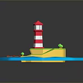 Modern 3D Scene With Red White Lighthouse Green Island Pebble Path Wooden Bridge Blue Water