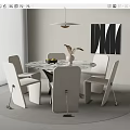Minimalist Modern Round Glass Top Dining Table With Beige Chairs Pendant Light And Wall Art