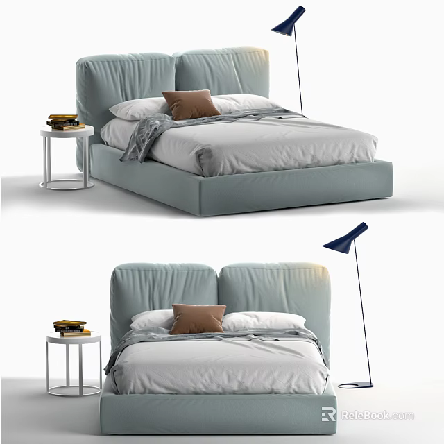 Light Blue Modern Double Bed With White Sheets Brown Pillow Side Table And Floor Lamp 3d model