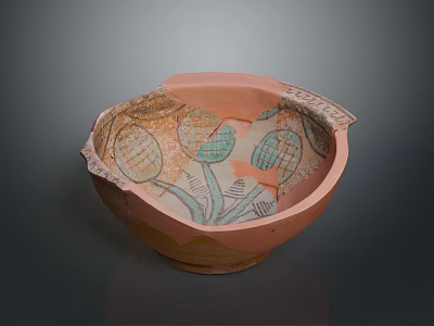Ancient Painted Clay Bowl with Broken Fragments and Decorative Leaf Patterns 3d model