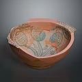 Ancient Painted Clay Bowl with Broken Fragments and Decorative Leaf Patterns