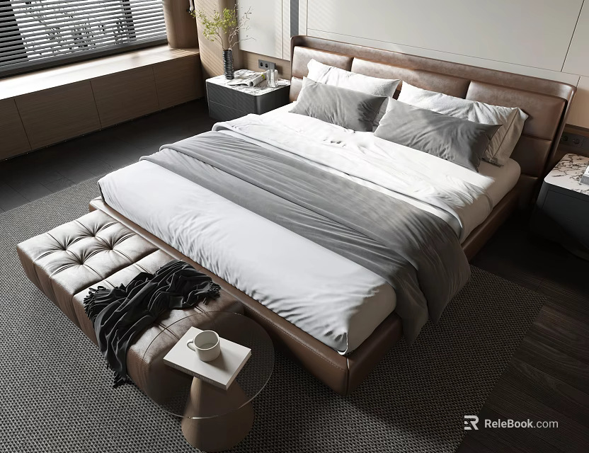 Modern Double Bed With Leather Headboard White Sheets Gray Comforter And Brown Bench 3d model