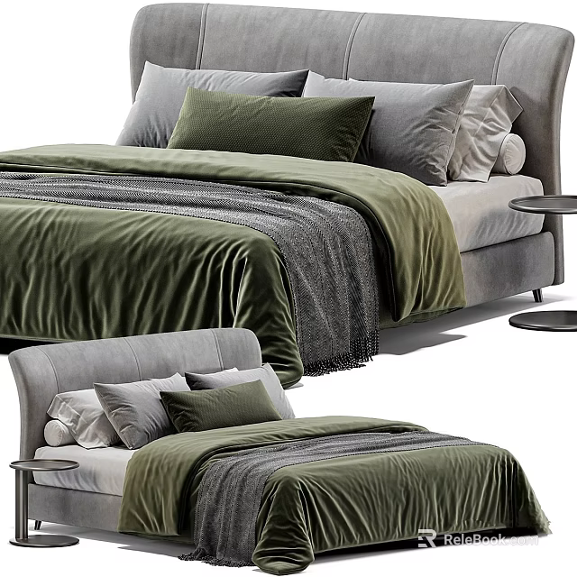 Modern Double Bed Interior With Green Bedding Gray Frame Pillows And Throw Blanket 3d model 