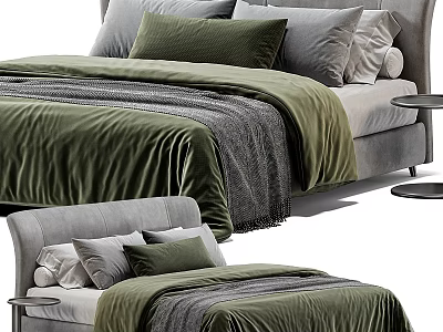 Modern Double Bed Interior With Green Bedding Gray Frame Pillows And Throw Blanket 3d model