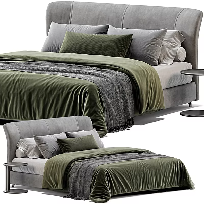 Modern Double Bed Interior With Green Bedding Gray Frame Pillows And Throw Blanket 3d model