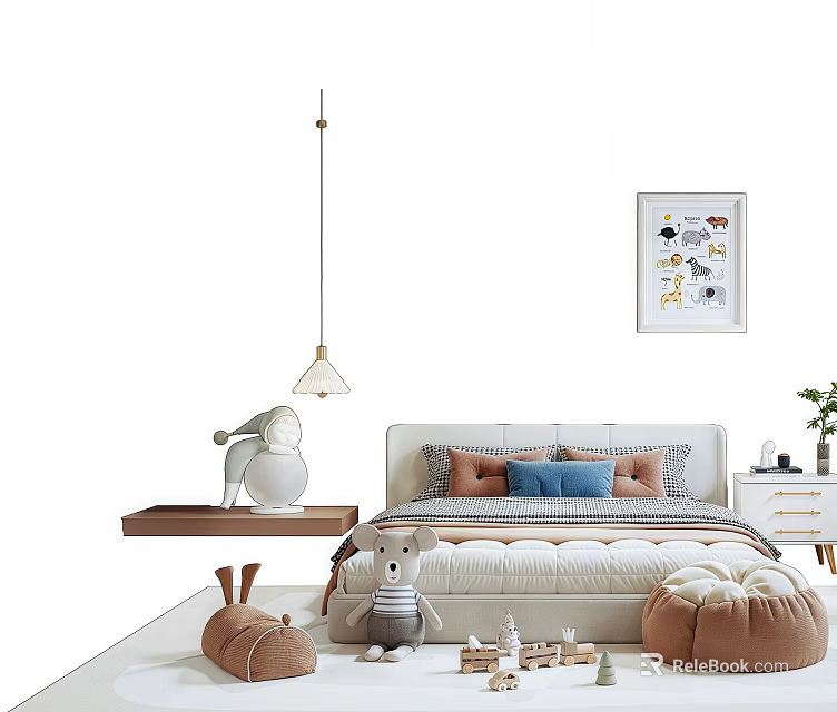 Modern Minimalist Kids Bed With Colorful Cushions Stuffed Toys And Cartoon Wall Art 3d model 