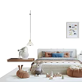 Modern Minimalist Kids Bed With Colorful Cushions Stuffed Toys And Cartoon Wall Art