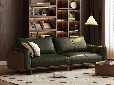 Green Leather Sofa and Wooden Coffee Table Set With Bookshelf Floor Lamp and Rug 3d model
