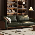 Green Leather Sofa and Wooden Coffee Table Set With Bookshelf Floor Lamp and Rug
