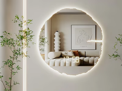 Round Illuminated Mirror Reflecting Living Room With Sofa Artwork And Green Plants 3d model