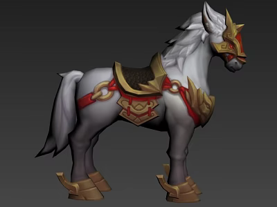 Ornate Fantasy White Gray Horse 3D Model With Golden Saddle Red Straps Leg Armor 3d model