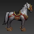 Ornate Fantasy White Gray Horse 3D Model With Golden Saddle Red Straps Leg Armor