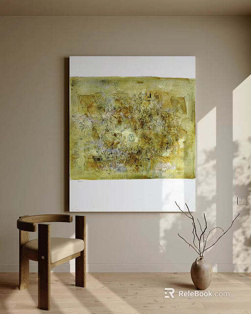 Textured Golden Yellow Abstract Painting on Wall with Wooden Chair and Natural Light Branches 3d model 