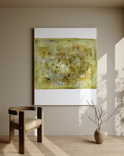 Textured Golden Yellow Abstract Painting on Wall with Wooden Chair and Natural Light Branches 3d model