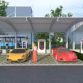 Electric Vehicle Charging Station Canopy With Charging Ports Parked Red Car And Green Grid Pavement