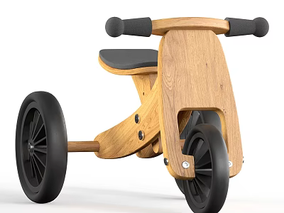Wooden Kids Tricycle With Black Wheels And Comfortable Seat Design 3d model