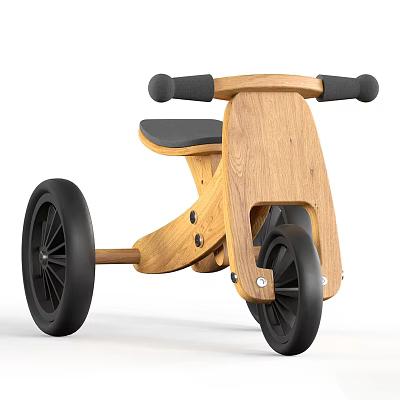 Wooden Kids Tricycle With Black Wheels And Comfortable Seat Design 3d model