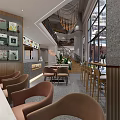 Modern Restaurant Interior With Open Layout Chandelier Bar Counter And Dining Tables