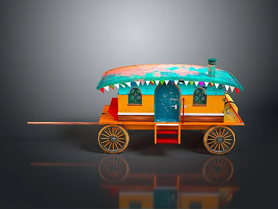 Traditional Decorative Carriage Featuring Colorful Roof Tassels Yellow Body Blue Door And Wooden Spoked Wheels 3d model