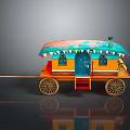 Traditional Decorative Carriage Featuring Colorful Roof Tassels Yellow Body Blue Door And Wooden Spoked Wheels