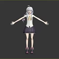 Anime Style 3D Game Character With Silver Hair White Top Purple Skirt And Pink Shoes